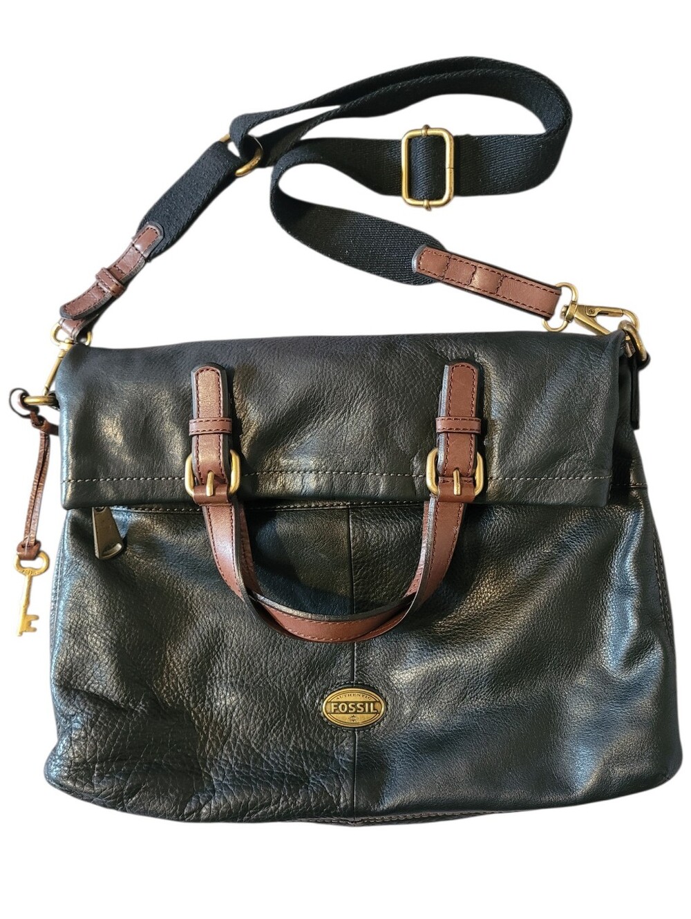 Fossil Explorer Foldover Black Brown Leather Crossbody Tote Carryall Bag Travel